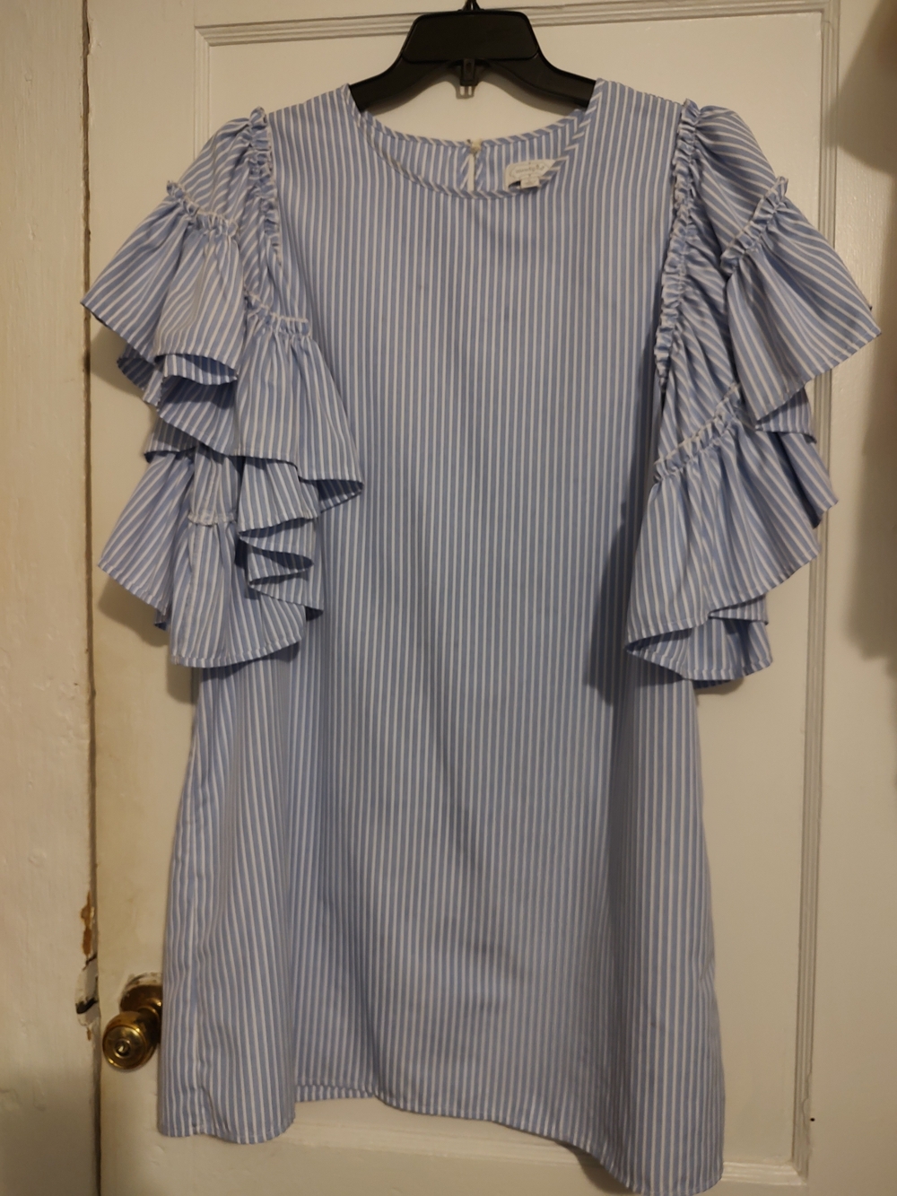 Mud Pie Blue and White Striped Ruffle Sleeve Mini Dress